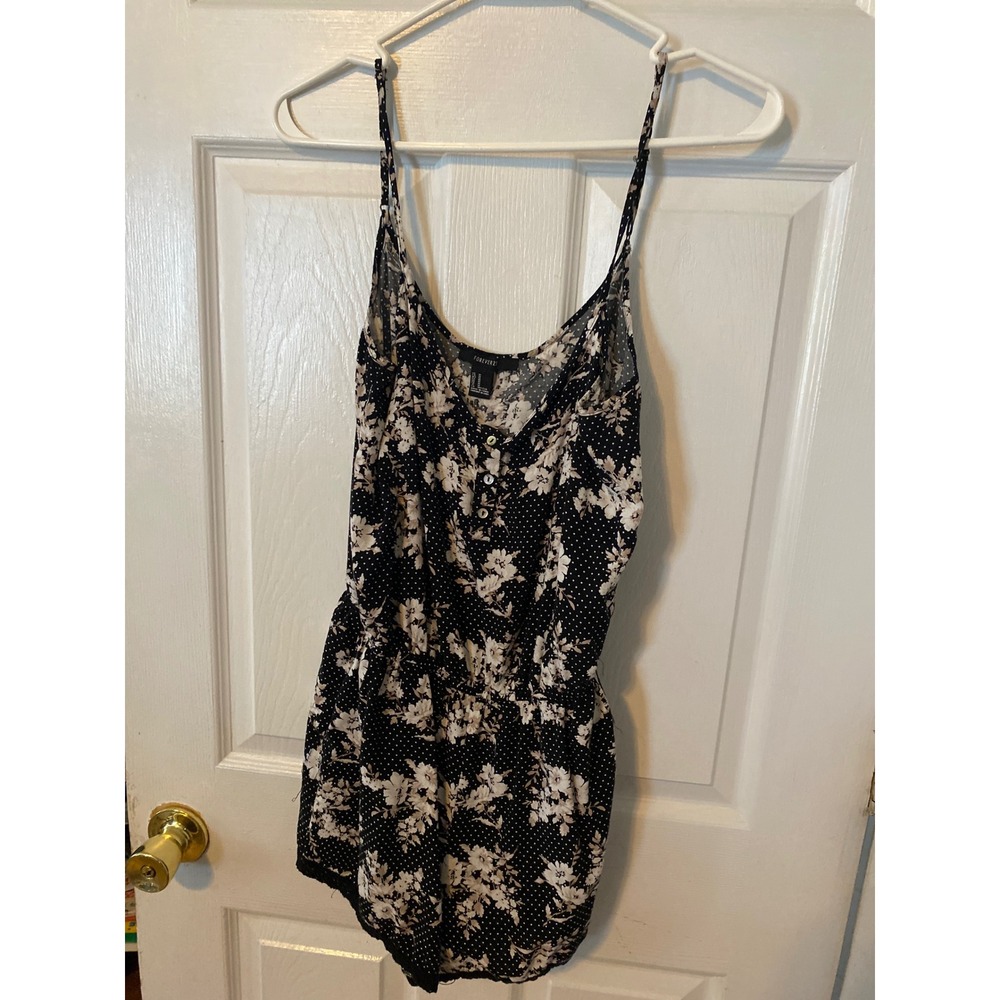 Forever 21 Black Floral Polka Dot Romper Sleeveless Button Lace Trim Medium